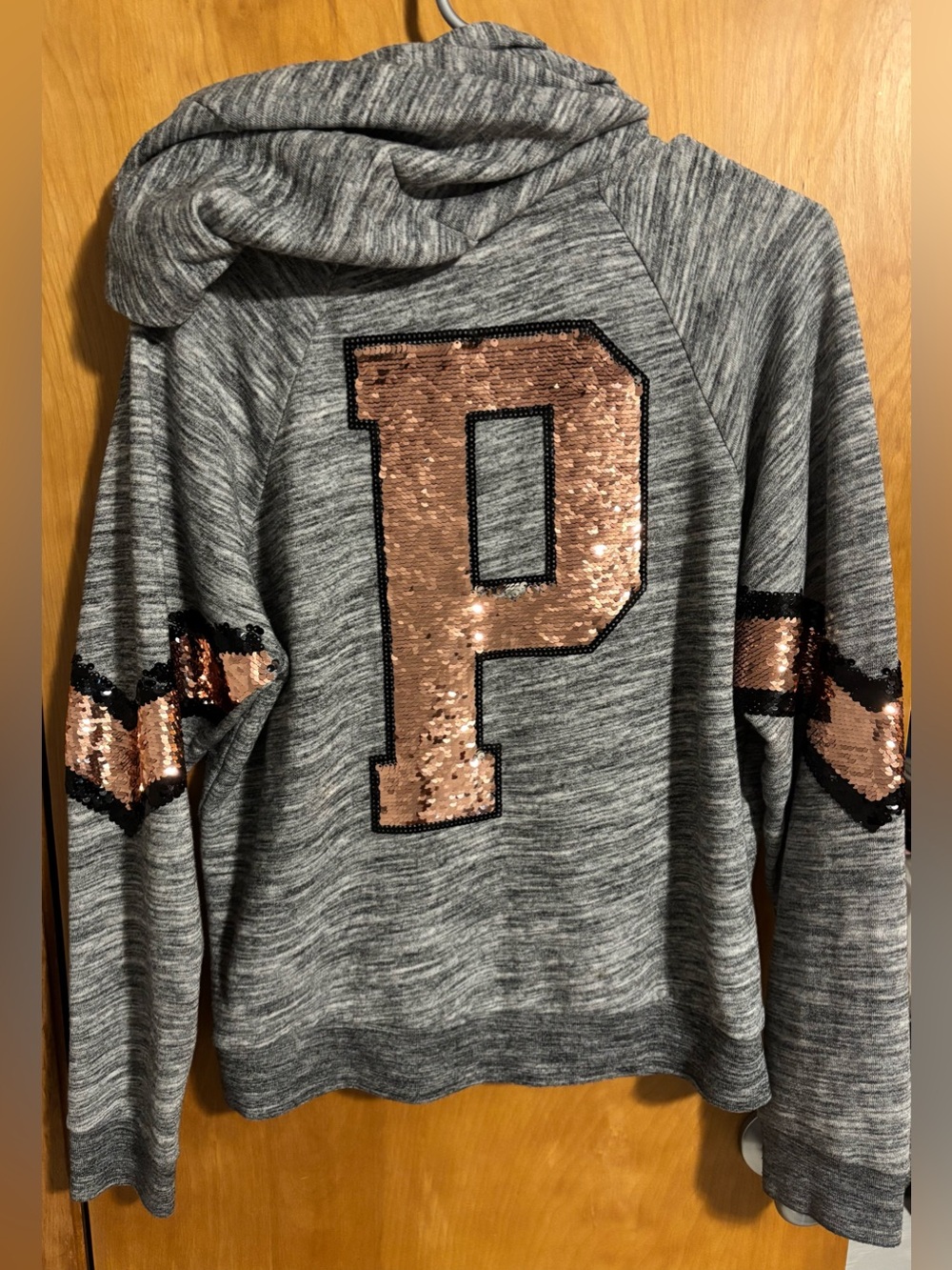 PINK Victoria's Secret Gray Full Zip Hoodie w/ Gold & Black Sequins Women Large
